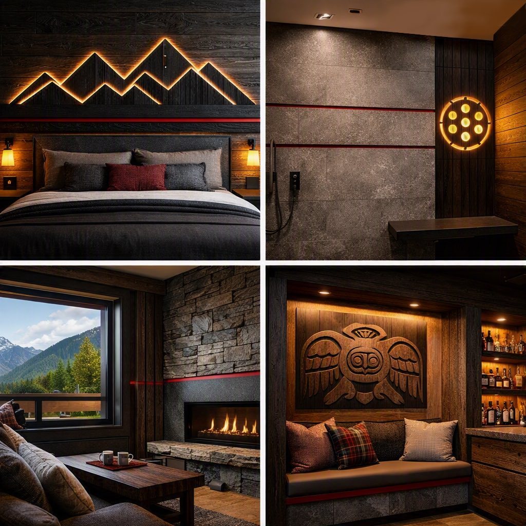 Four interiors in dark timber and stone, each with a burgundy line: a bedroom beneath an illuminated mountain-outline feature; a stone wall with a circular lit feature; a living room with a stone fireplace and mountain view; a lounge with a carved timber wall panel and warm lighting.