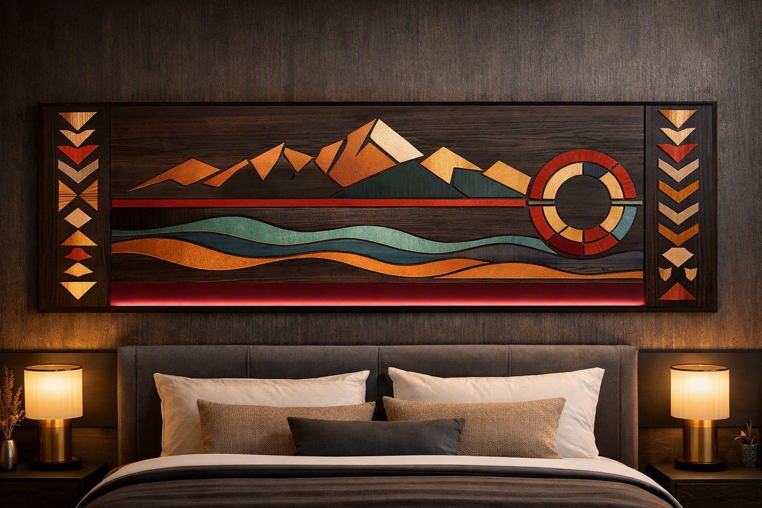 Bedroom with a long inlaid timber wall panel showing mountains, flowing bands of teal and ochre, a circular motif and a burgundy line, flanked by geometric borders.