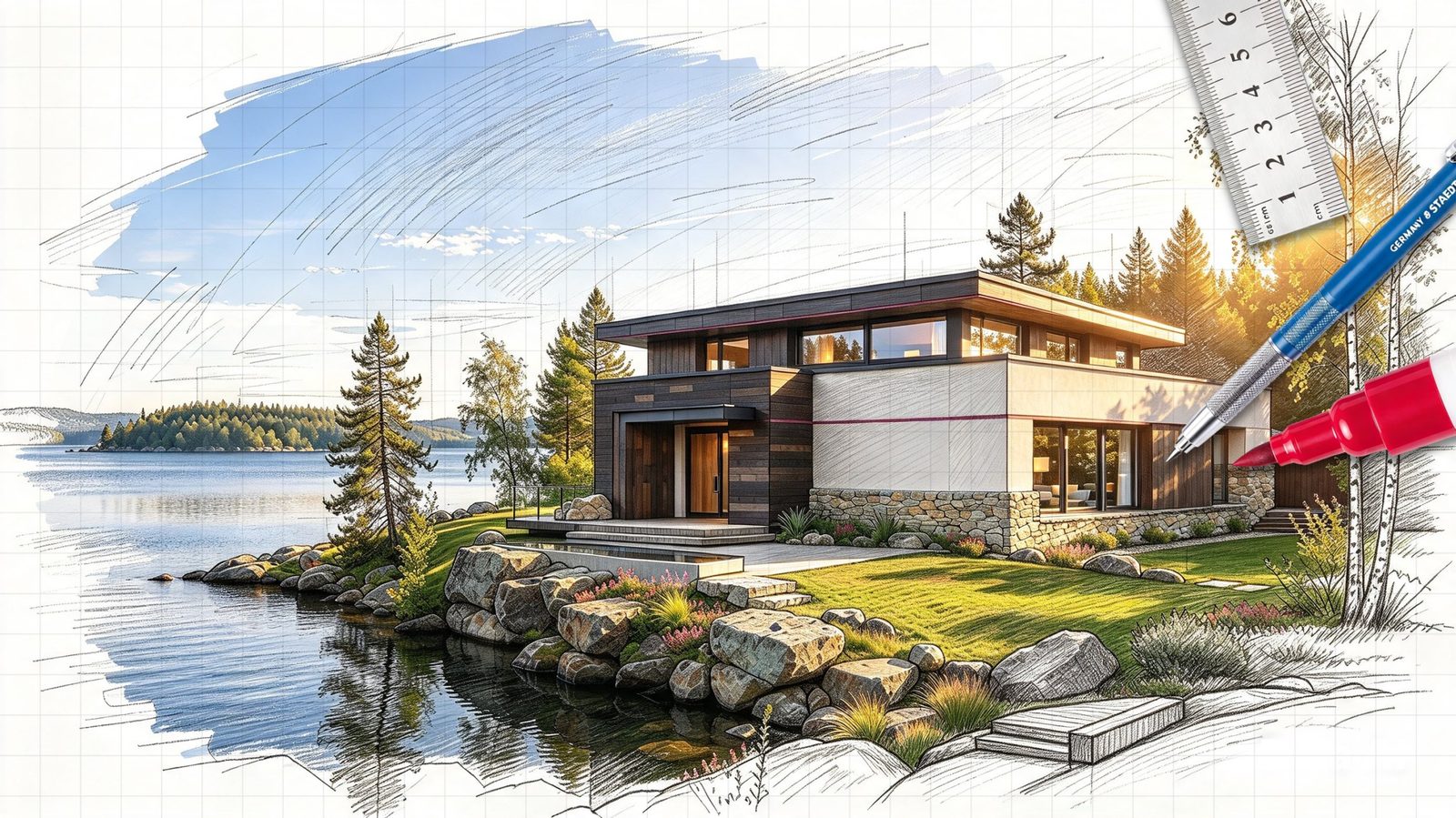 Architectural sketch on grid paper turning into a full-colour rendering: a low-profile lakeside home in dark timber, pale render and stone, with a thin burgundy line across the facade, set among pines and granite boulders at the water's edge. A ruler, pencil and red marker rest on the drawing.